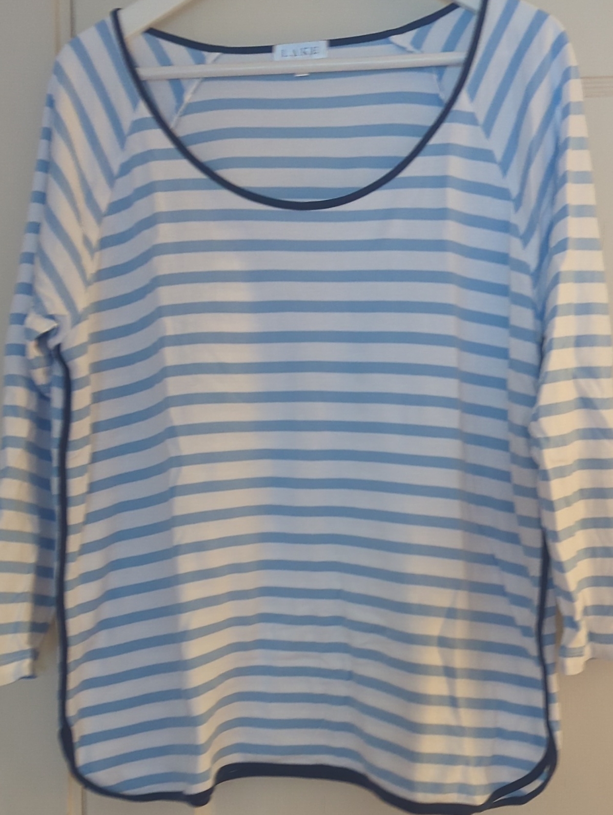 Light Blue And White Striped With Navy Piping Long Sleeve Lake Pajamas Top